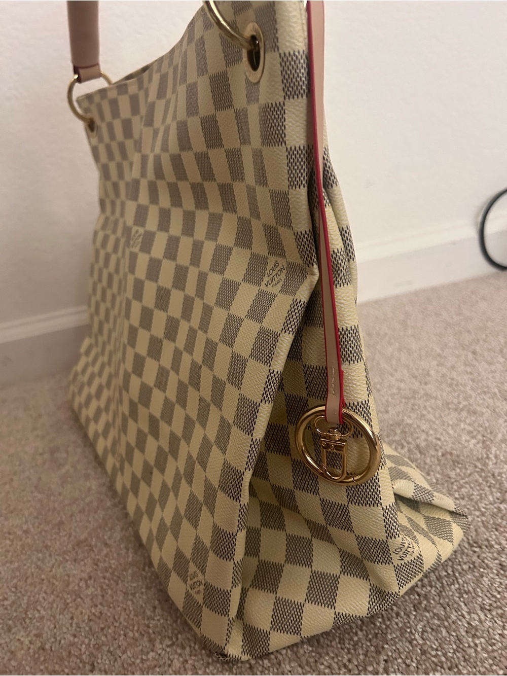 Cream Checkered Tote with Pink Top Handle - Picture 2 of 4